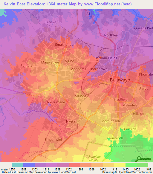 Kelvin East,Zimbabwe Elevation Map