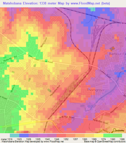 Matshobana,Zimbabwe Elevation Map