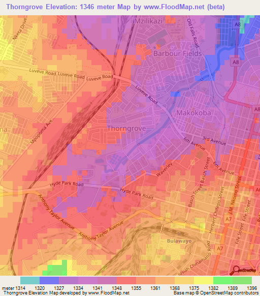 Thorngrove,Zimbabwe Elevation Map