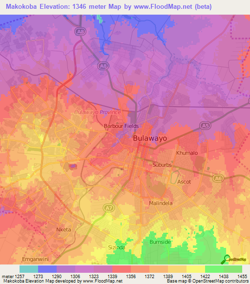 Makokoba,Zimbabwe Elevation Map