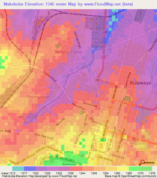 Makokoba,Zimbabwe Elevation Map
