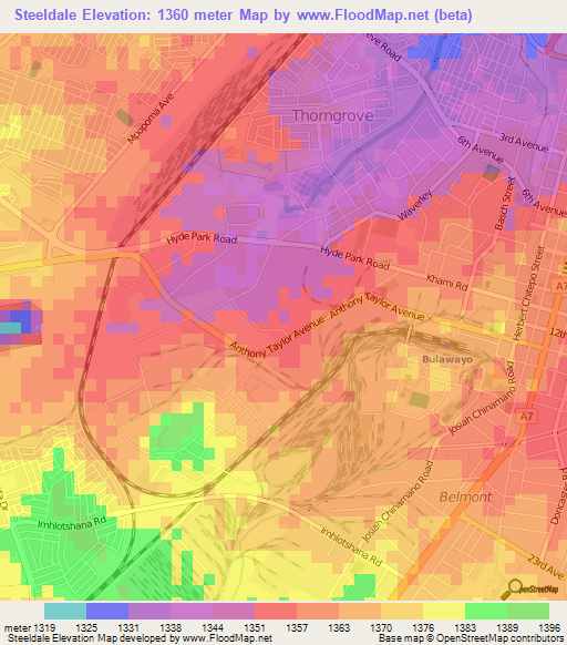 Steeldale,Zimbabwe Elevation Map