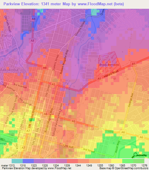 Parkview,Zimbabwe Elevation Map