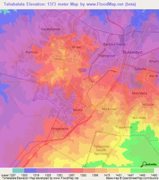Tshabalala,Zimbabwe Elevation Map