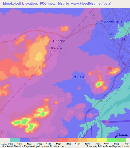 Mmokolodi,Botswana Elevation Map