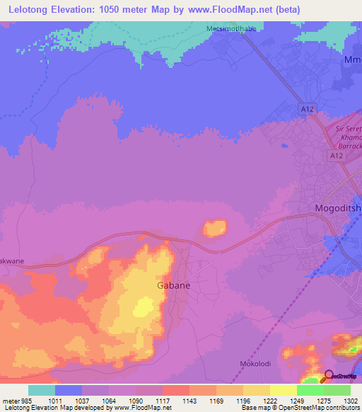 Lelotong,Botswana Elevation Map