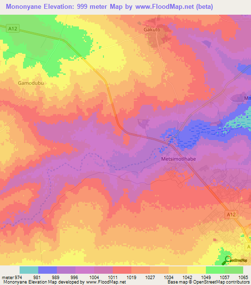 Mononyane,Botswana Elevation Map