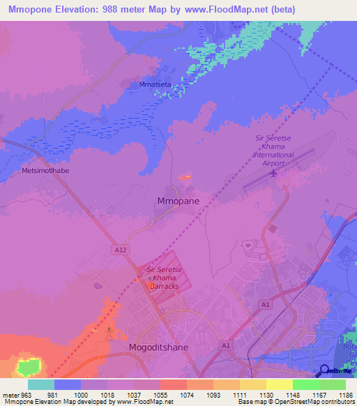 Mmopone,Botswana Elevation Map