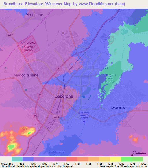 Broadhurst,Botswana Elevation Map