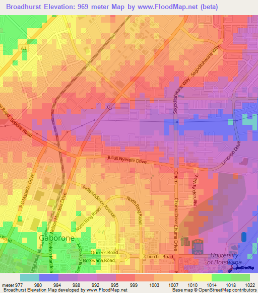 Broadhurst,Botswana Elevation Map