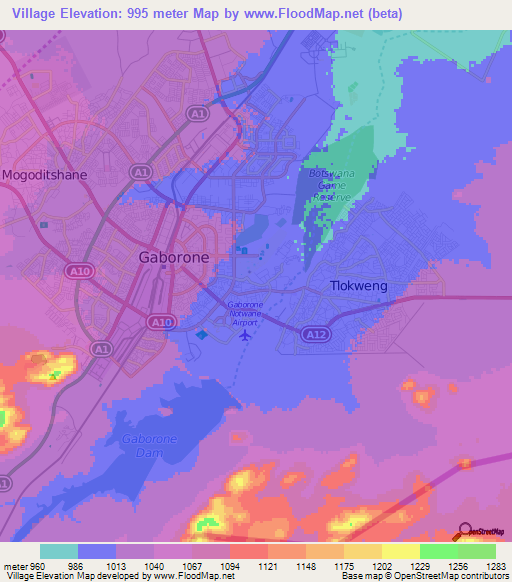 Village,Botswana Elevation Map