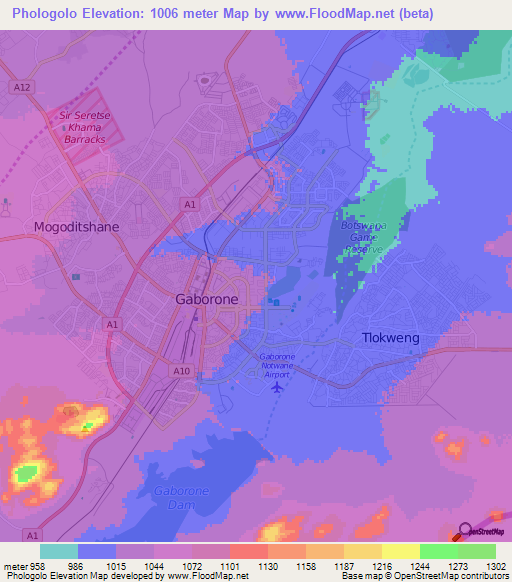 Phologolo,Botswana Elevation Map