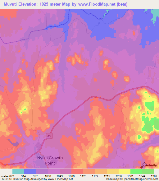 Muvuti,Zimbabwe Elevation Map