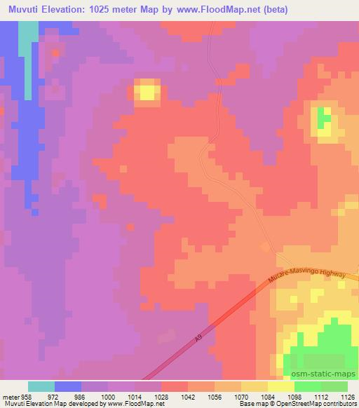 Muvuti,Zimbabwe Elevation Map