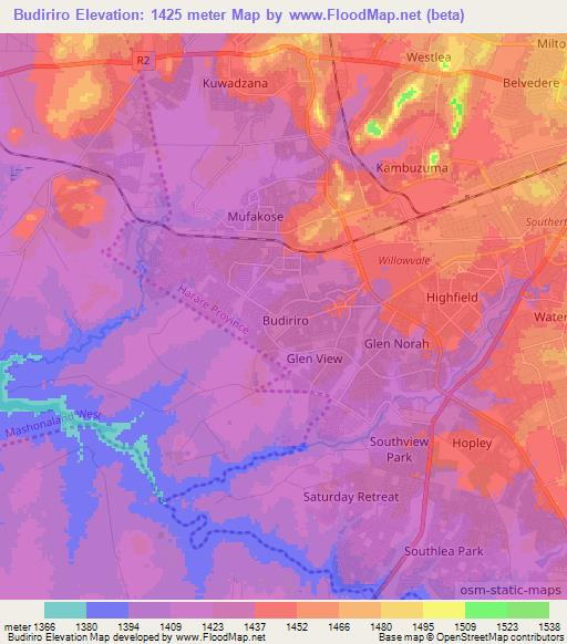 Budiriro,Zimbabwe Elevation Map