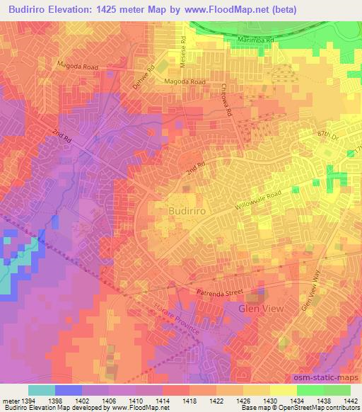 Budiriro,Zimbabwe Elevation Map