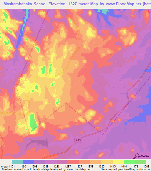 Mashambahaka School,Zimbabwe Elevation Map