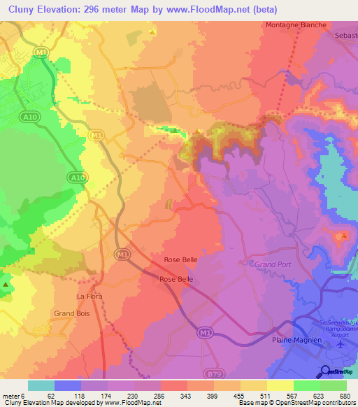 Cluny,Mauritius Elevation Map