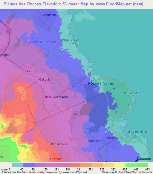 Plaines des Roches,Mauritius Elevation Map