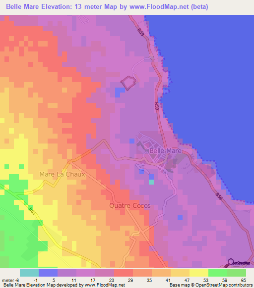 Belle Mare,Mauritius Elevation Map