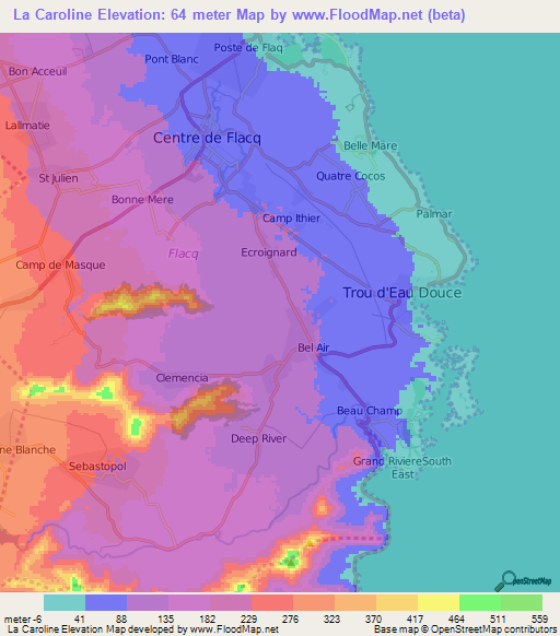 La Caroline,Mauritius Elevation Map