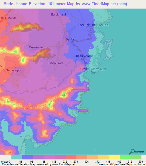 Marie Jeanne,Mauritius Elevation Map