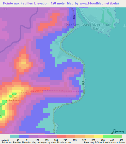 Pointe aux Feuilles,Mauritius Elevation Map