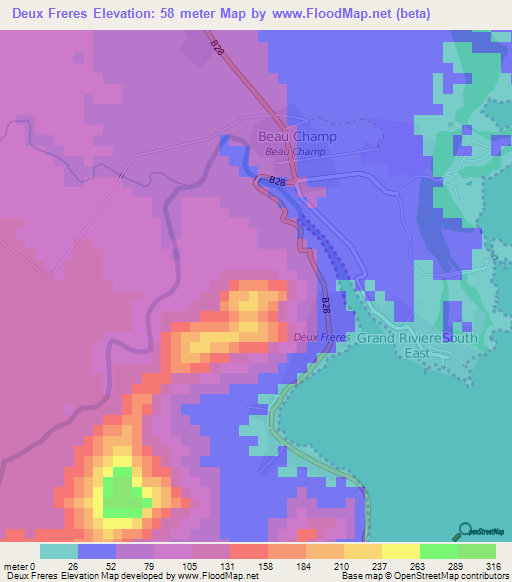 Deux Freres,Mauritius Elevation Map