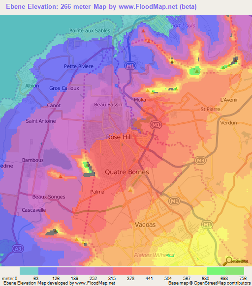 Ebene,Mauritius Elevation Map