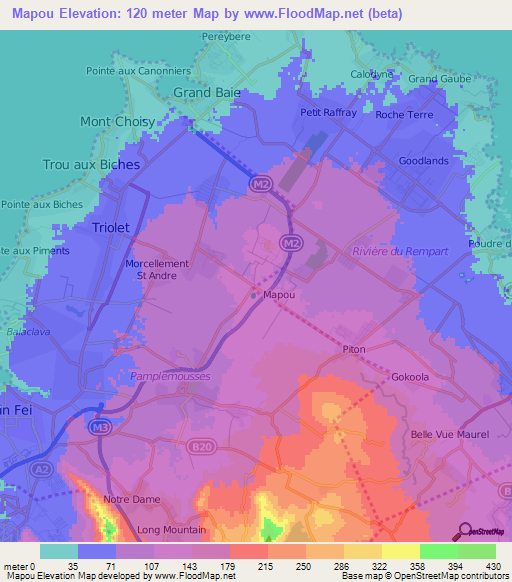 Mapou,Mauritius Elevation Map