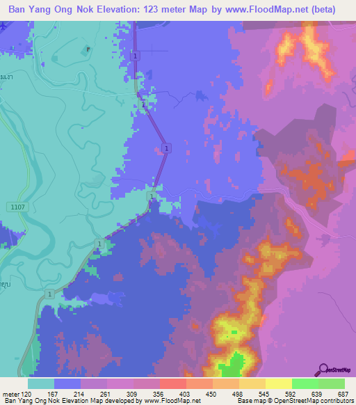 Ban Yang Ong Nok,Thailand Elevation Map