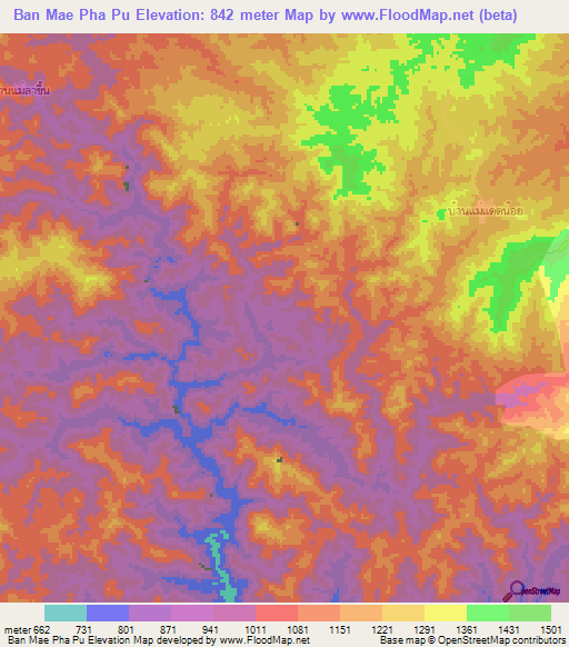Ban Mae Pha Pu,Thailand Elevation Map