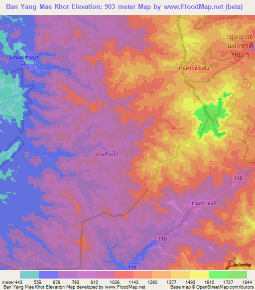 Ban Yang Mae Khot,Thailand Elevation Map