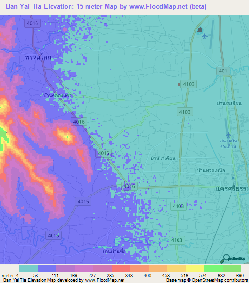 Ban Yai Tia,Thailand Elevation Map