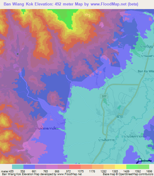 Ban Wiang Kok,Thailand Elevation Map