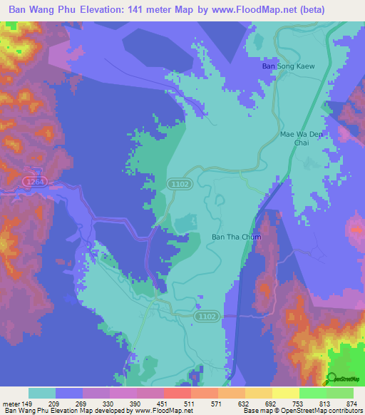 Ban Wang Phu,Thailand Elevation Map