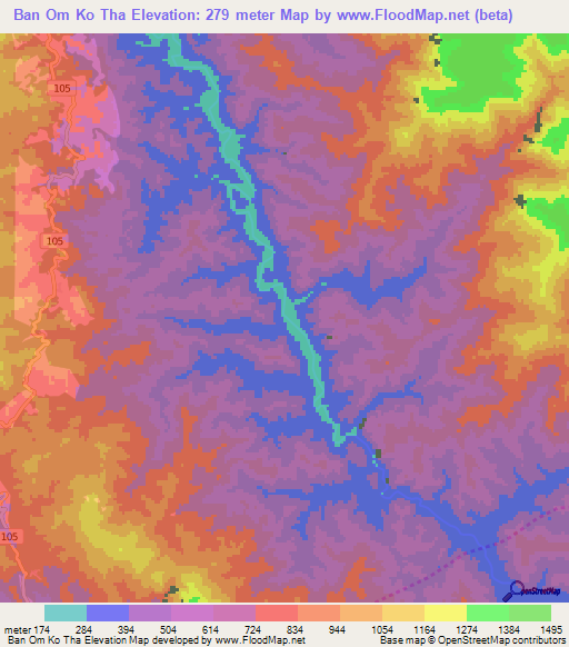 Ban Om Ko Tha,Thailand Elevation Map