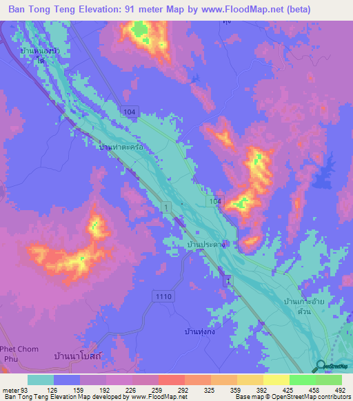 Ban Tong Teng,Thailand Elevation Map