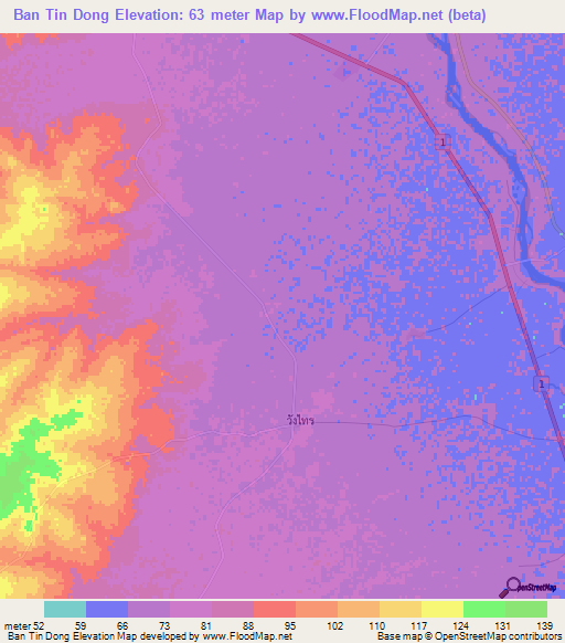 Ban Tin Dong,Thailand Elevation Map