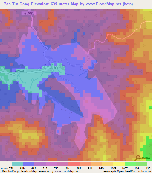 Ban Tin Dong,Thailand Elevation Map
