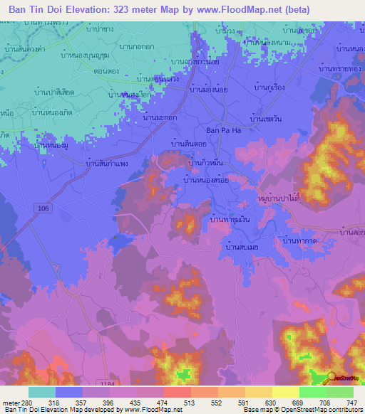 Ban Tin Doi,Thailand Elevation Map