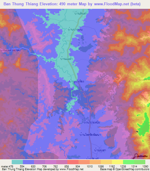 Ban Thung Thiang,Thailand Elevation Map