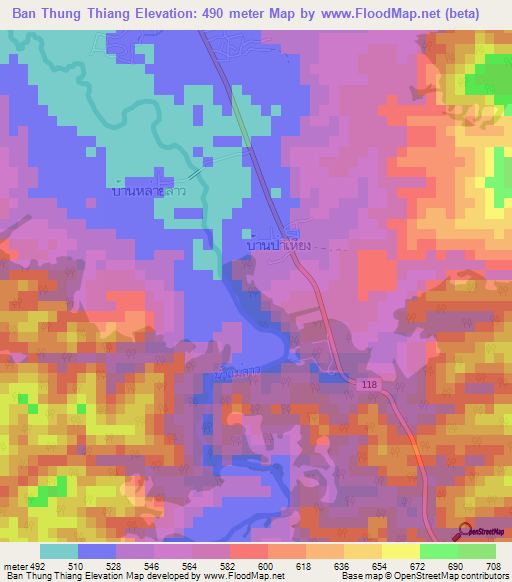 Ban Thung Thiang,Thailand Elevation Map