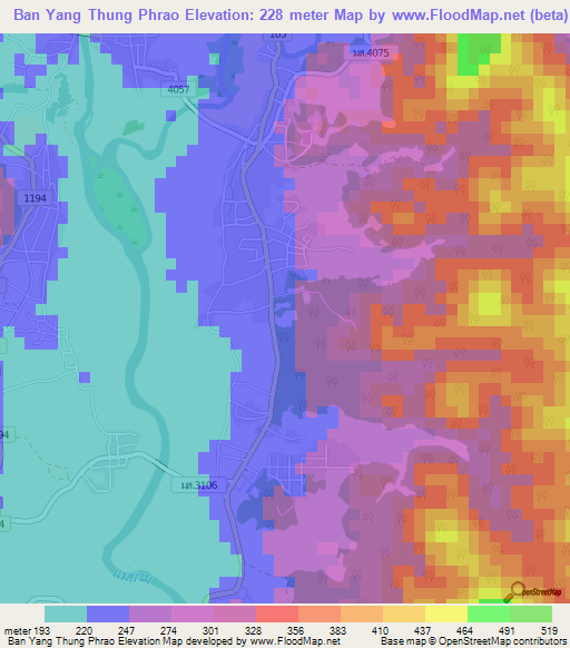Ban Yang Thung Phrao,Thailand Elevation Map