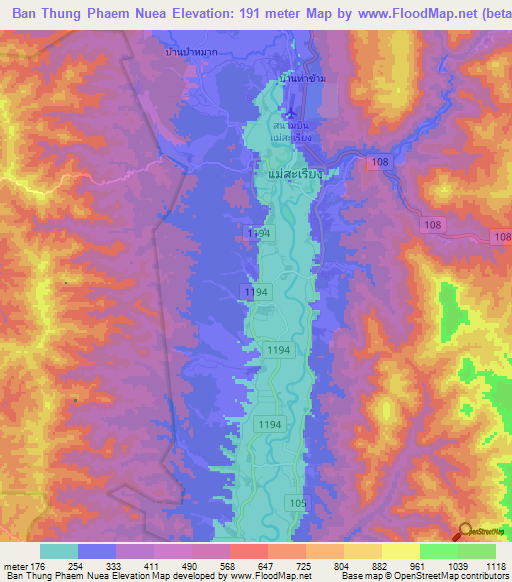 Ban Thung Phaem Nuea,Thailand Elevation Map