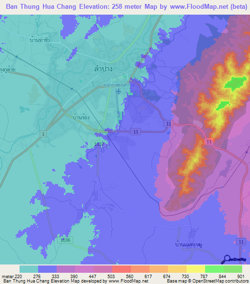 Ban Thung Hua Chang,Thailand Elevation Map