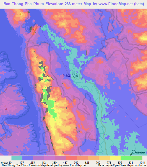 Ban Thong Pha Phum,Thailand Elevation Map