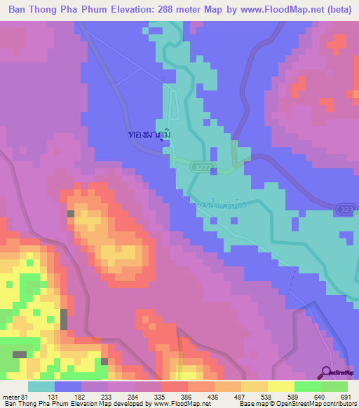 Ban Thong Pha Phum,Thailand Elevation Map