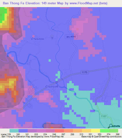 Ban Thong Fa,Thailand Elevation Map