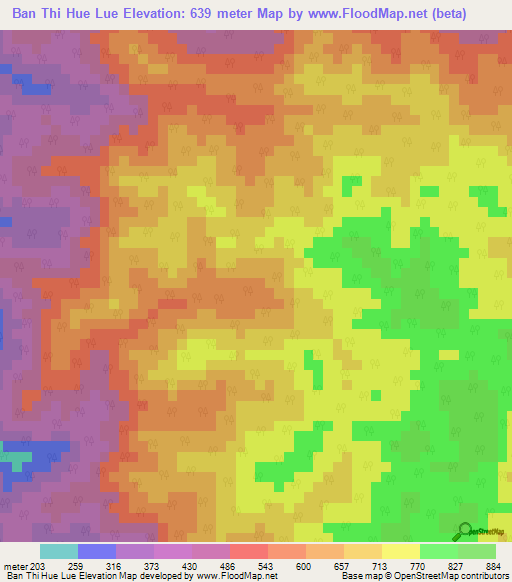 Ban Thi Hue Lue,Thailand Elevation Map